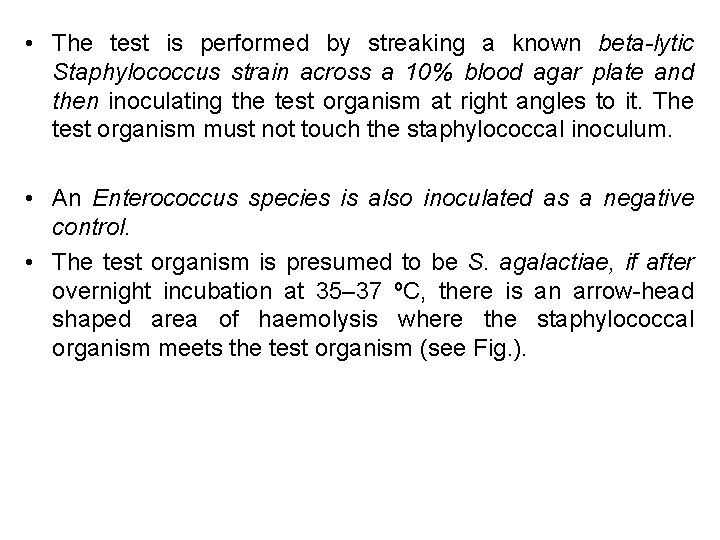  • The test is performed by streaking a known beta-lytic Staphylococcus strain across