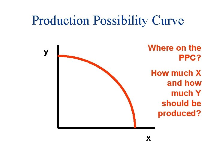 Production Possibility Curve y Where on the PPC? How much X and how much