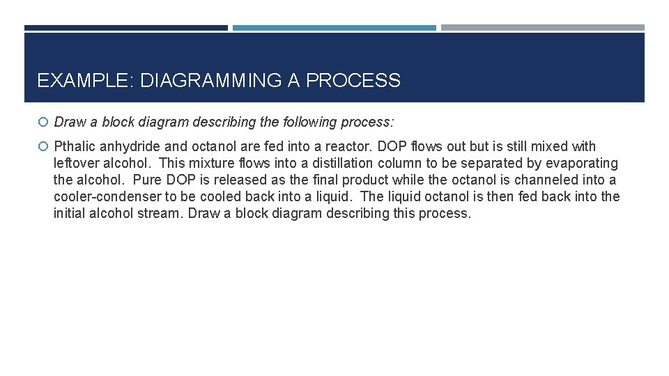 EXAMPLE: DIAGRAMMING A PROCESS Draw a block diagram describing the following process: Pthalic anhydride