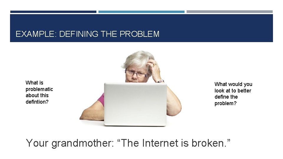 EXAMPLE: DEFINING THE PROBLEM What is problematic about this defintion? What would you look