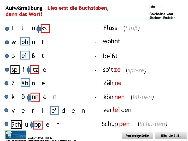 Übungsart: Aufwärmübung – Lies erst die Buchstaben, dann das Wort! F l u -