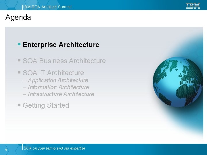 IBM SOA Architect Summit Agenda § Enterprise Architecture § SOA Business Architecture § SOA