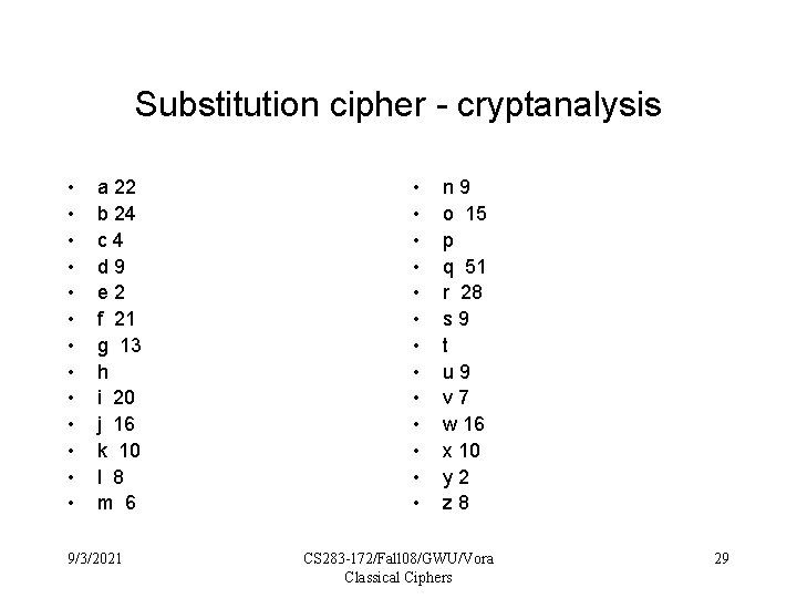 Substitution cipher - cryptanalysis • • • • a 22 b 24 c 4