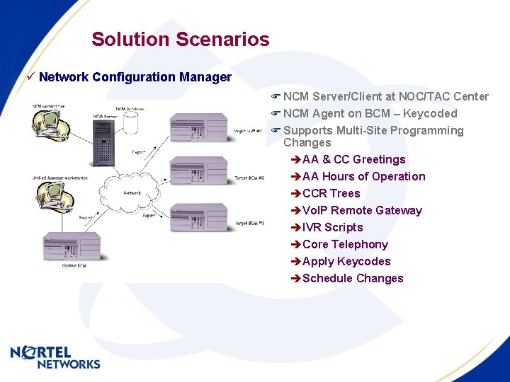 Solution Scenarios ü Network Configuration Manager F NCM Server/Client at NOC/TAC Center F NCM