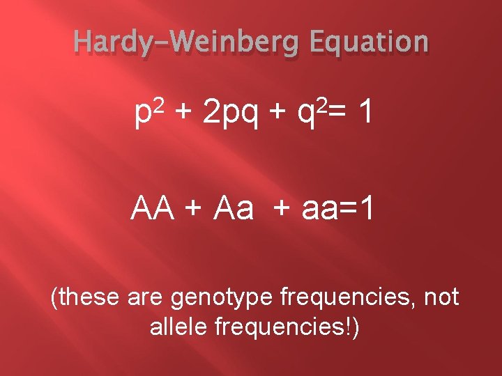 Hardy-Weinberg Equation 2 p + 2 pq + 2 q= 1 AA + Aa