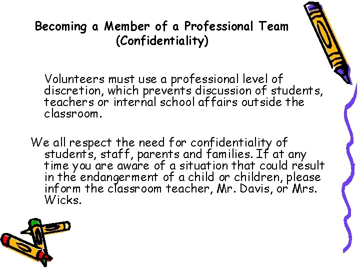 Becoming a Member of a Professional Team (Confidentiality) Volunteers must use a professional level