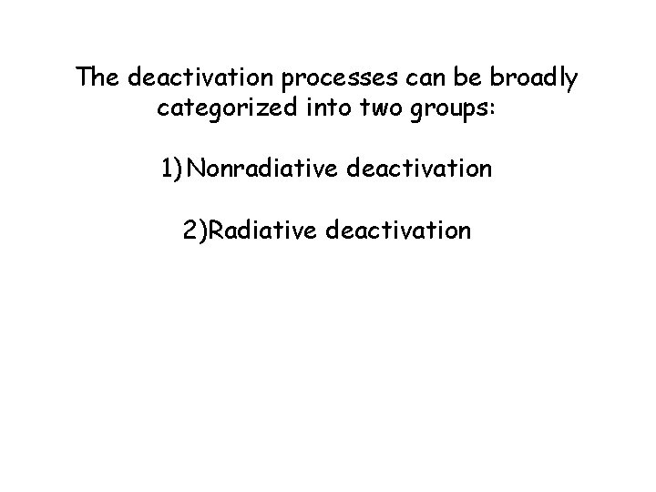 The deactivation processes can be broadly categorized into two groups: 1) Nonradiative deactivation 2)Radiative