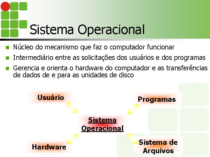 Sistema Operacional n Núcleo do mecanismo que faz o computador funcionar n Intermediário entre