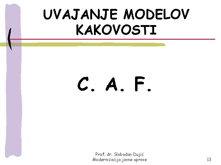 UVAJANJE MODELOV KAKOVOSTI C. A. F. Prof. dr. Slobodan Dujić Modernizacija javne uprave 13