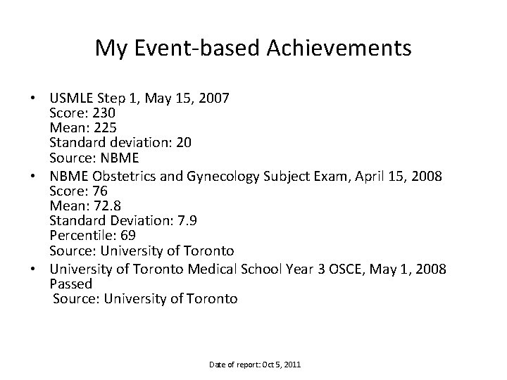 My Event-based Achievements • USMLE Step 1, May 15, 2007 Score: 230 Mean: 225