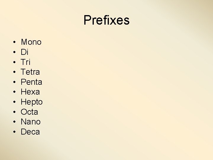 Prefixes • • • Mono Di Tri Tetra Penta Hexa Hepto Octa Nano Deca