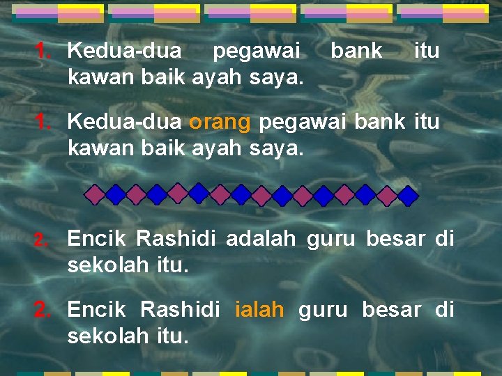 1. Kedua-dua pegawai kawan baik ayah saya. bank itu 1. Kedua-dua orang pegawai bank