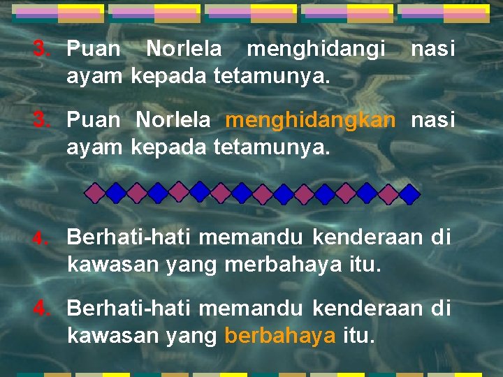 3. Puan Norlela menghidangi ayam kepada tetamunya. nasi 3. Puan Norlela menghidangkan nasi ayam