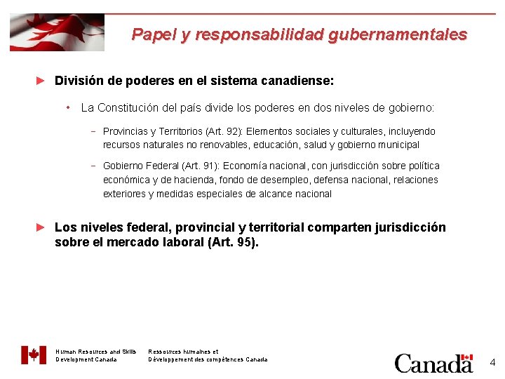 Papel y responsabilidad gubernamentales ► División de poderes en el sistema canadiense: • La