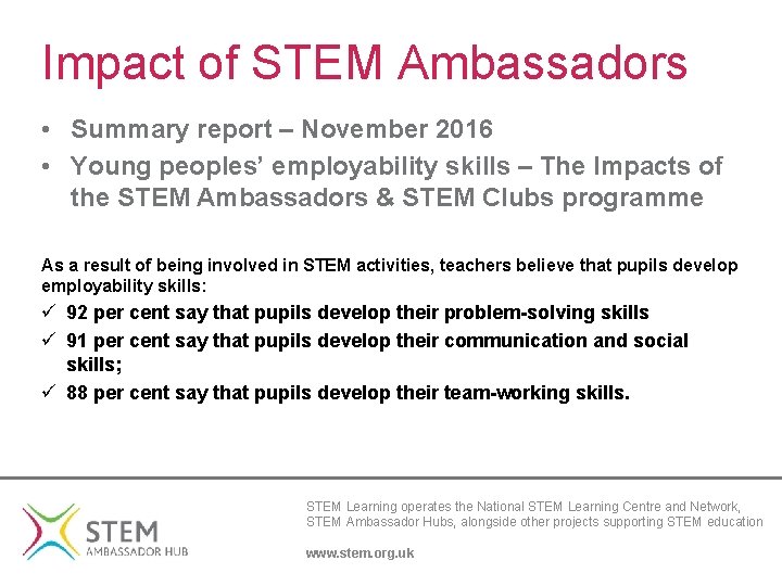 Impact of STEM Ambassadors • Summary report – November 2016 • Young peoples’ employability