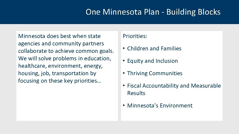 One Minnesota Plan - Building Blocks Minnesota does best when state agencies and community