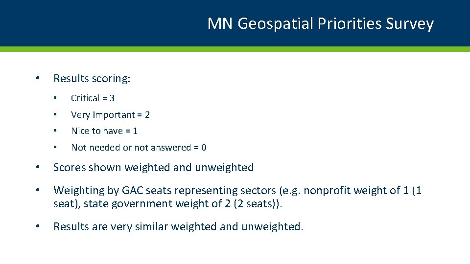 MN Geospatial Priorities Survey • Results scoring: • Critical = 3 • Very Important
