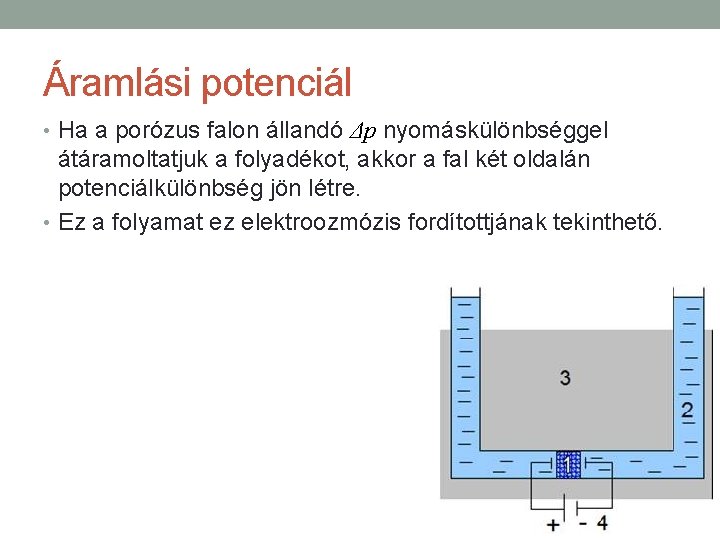 Áramlási potenciál • Ha a porózus falon állandó Δp nyomáskülönbséggel átáramoltatjuk a folyadékot, akkor