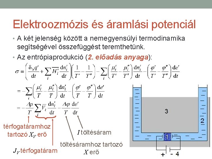 Elektroozmózis és áramlási potenciál • A két jelenség között a nemegyensúlyi termodinamika segítségével összefüggést