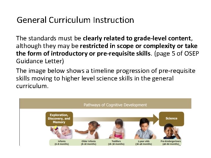 General Curriculum Instruction The standards must be clearly related to grade-level content, although they