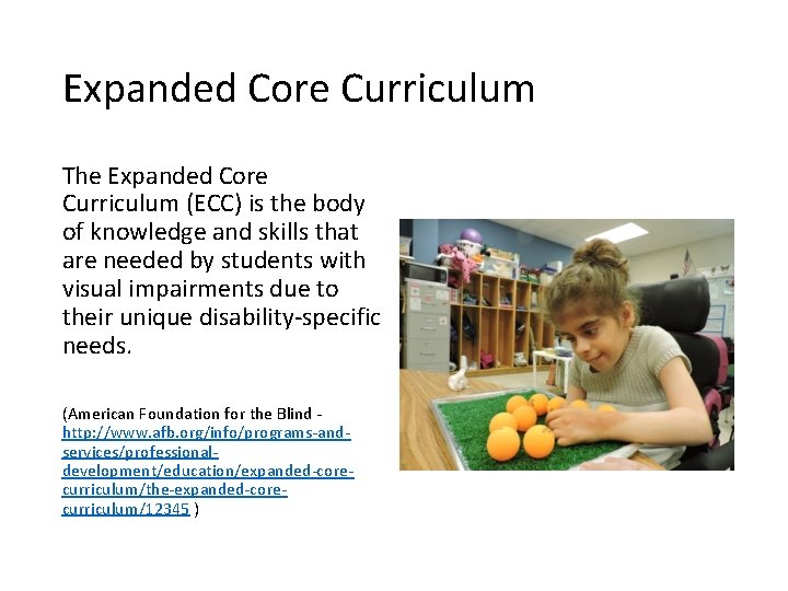 Expanded Core Curriculum The Expanded Core Curriculum (ECC) is the body of knowledge and