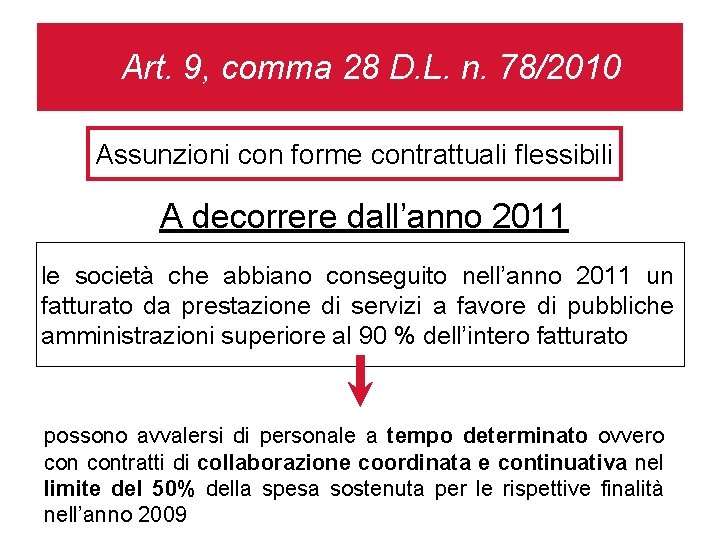 Art. 9, comma 28 D. L. n. 78/2010 Assunzioni con forme contrattuali flessibili A