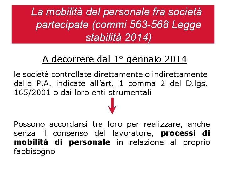 La mobilità del personale fra società partecipate (commi 563 -568 Legge stabilità 2014) A