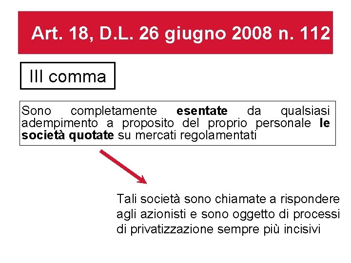 Art. 18, D. L. 26 giugno 2008 n. 112 III comma Sono completamente esentate