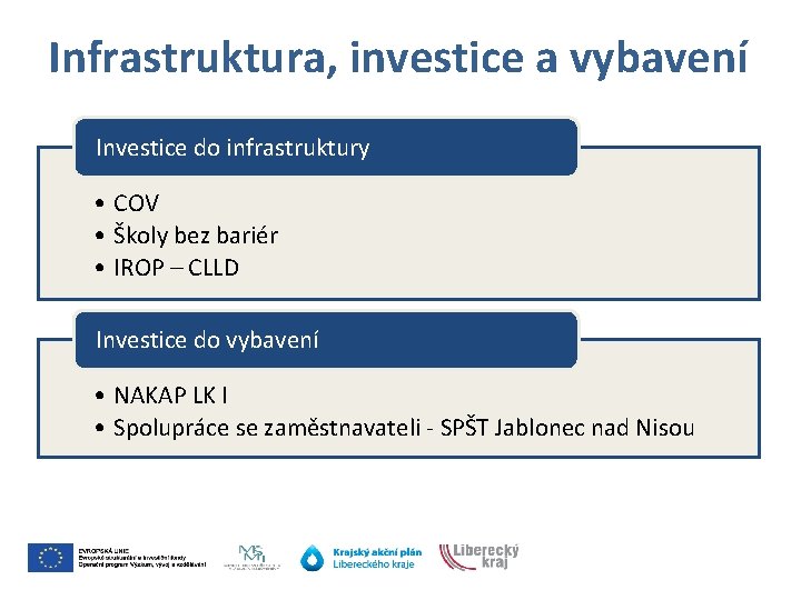 Infrastruktura, investice a vybavení Investice do infrastruktury • COV • Školy bez bariér •