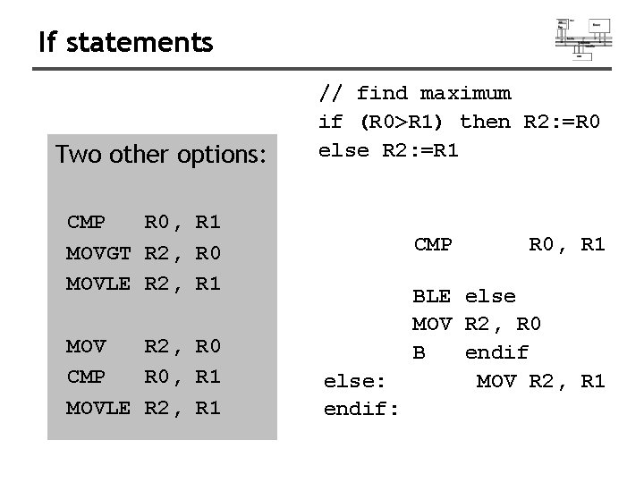 If statements Two other options: // find maximum if (R 0>R 1) then R