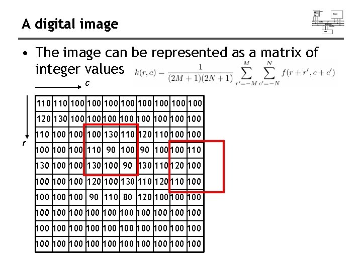 A digital image • The image can be represented as a matrix of integer A digital image • The image can be represented as a matrix of integer
