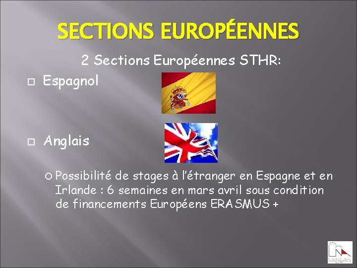SECTIONS EUROPÉENNES 2 Sections Européennes STHR: Espagnol Anglais Possibilité de stages à l’étranger en