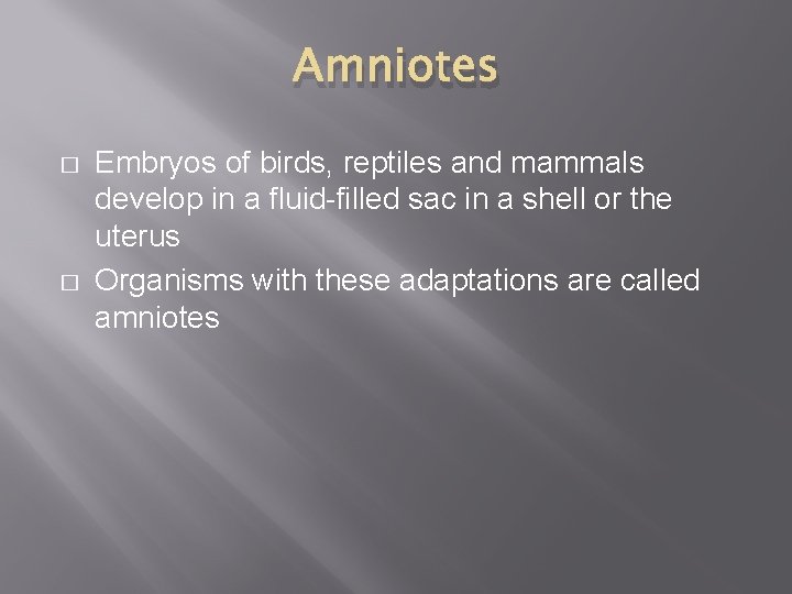Amniotes � � Embryos of birds, reptiles and mammals develop in a fluid-filled sac
