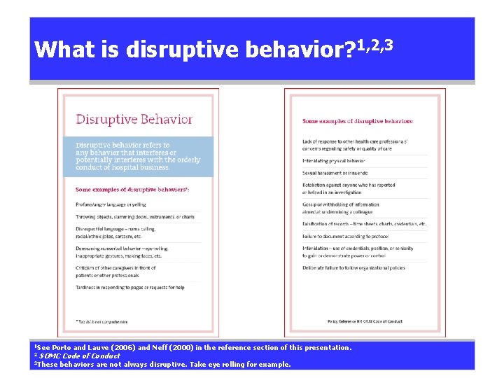 What is disruptive behavior? 1, 2, 3 1 See 2 Porto and Lauve (2006)