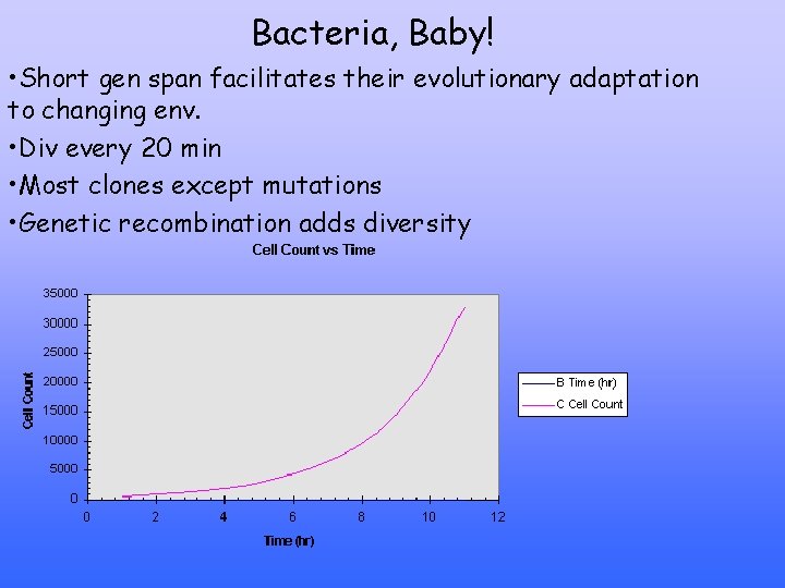 Bacteria, Baby! • Short gen span facilitates their evolutionary adaptation to changing env. •