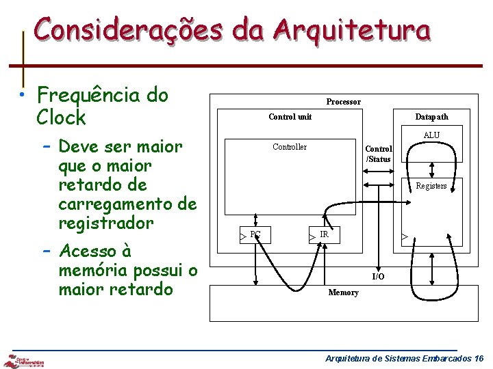 Considerações da Arquitetura • Frequência do Clock – Deve ser maior que o maior