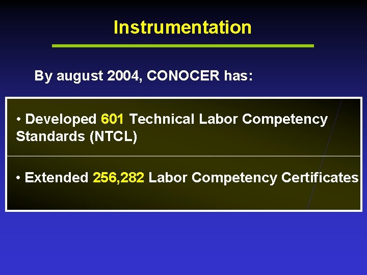 Instrumentation By august 2004, CONOCER has: • Developed 601 Technical Labor Competency Standards (NTCL)