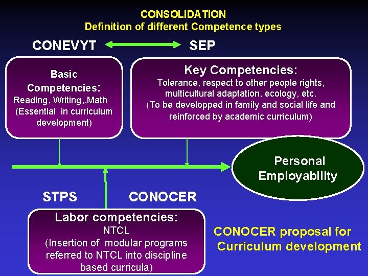 CONSOLIDATION Definition of different Competence types CONEVYT Basic Competencies: Reading, Writing, , Math (Essential