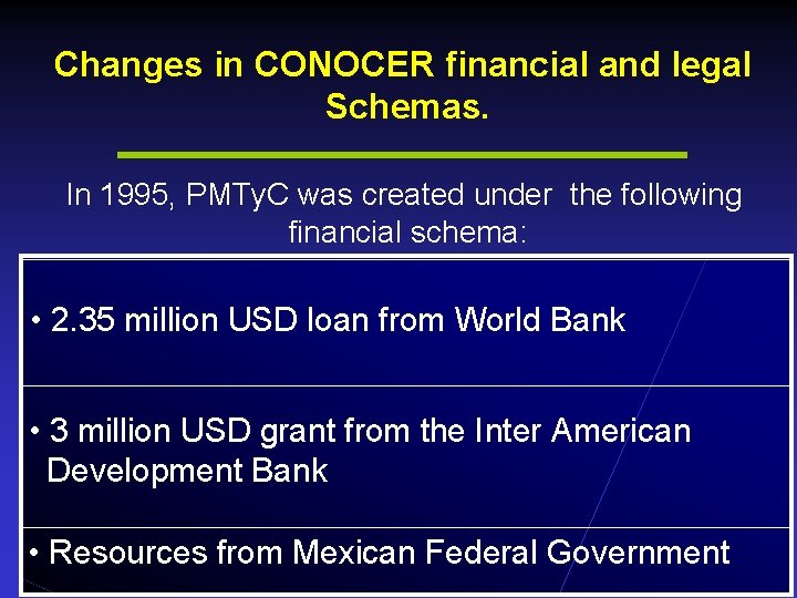 Changes in CONOCER financial and legal Schemas. In 1995, PMTy. C was created under