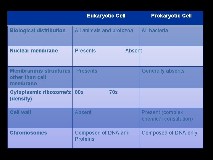 Eukaryotic Cell Prokaryotic Cell Biological distribution All animals and protozoa Nuclear membrane Presents Membranous