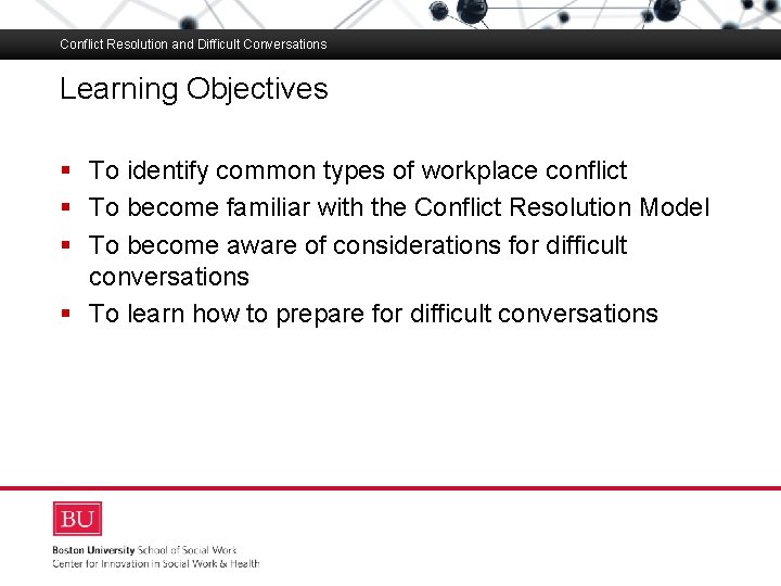 Conflict Resolution and Difficult Conversations Learning Objectives Boston University Slideshow Title Goes Here §