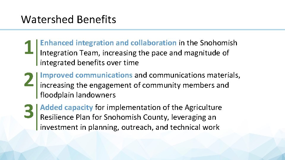 Watershed Benefits 1 2 3 Enhanced integration and collaboration in the Snohomish Integration Team,