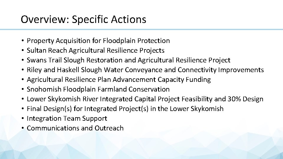 Overview: Specific Actions • • • Property Acquisition for Floodplain Protection Sultan Reach Agricultural