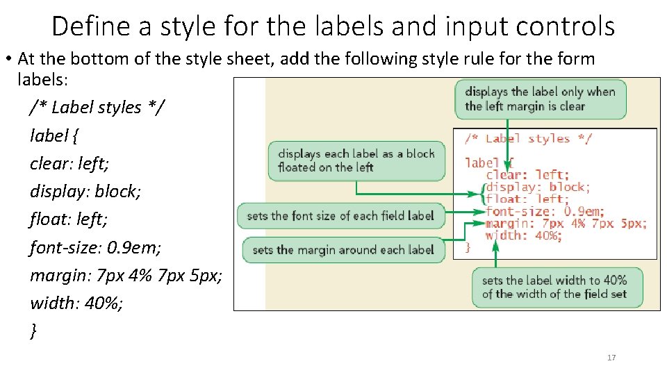 Define a style for the labels and input controls • At the bottom of