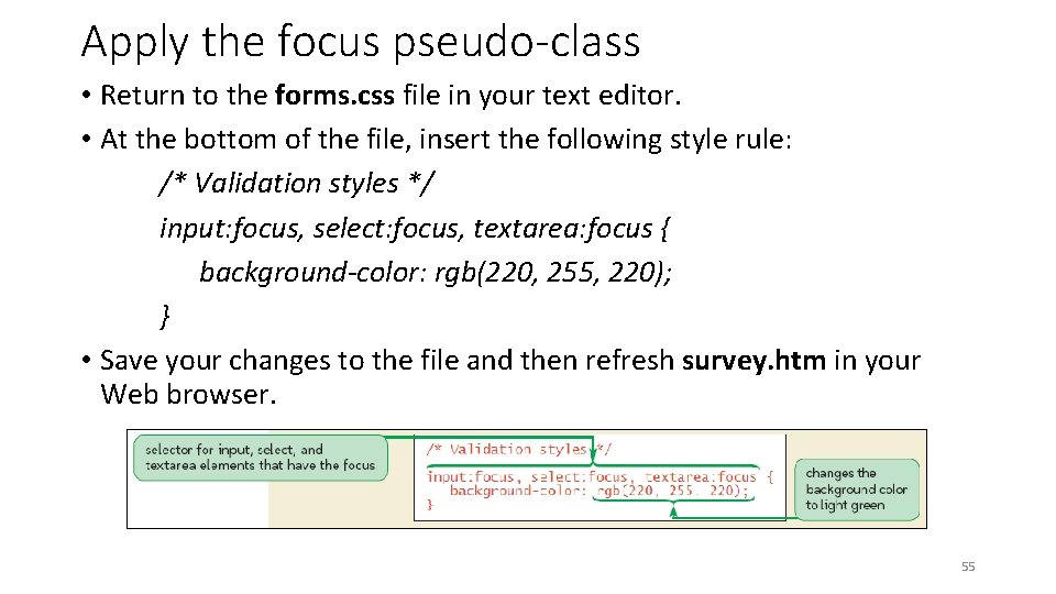 Apply the focus pseudo-class • Return to the forms. css file in your text
