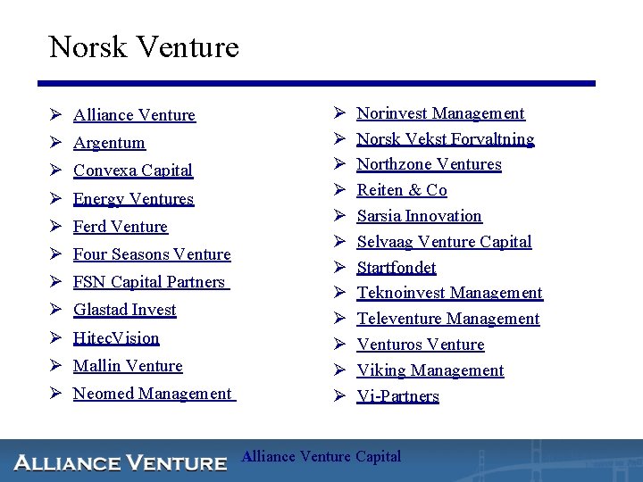 Norsk Venture Ø Alliance Venture Ø Argentum Ø Convexa Capital Ø Energy Ventures Ø