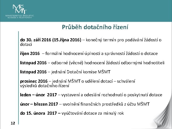 Průběh dotačního řízení do 30. září 2016 (15. října 2016) – konečný termín pro