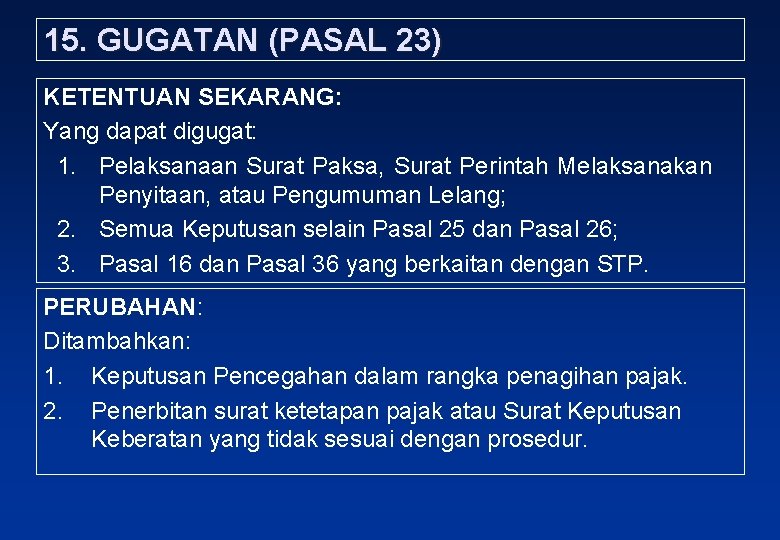 15. GUGATAN (PASAL 23) KETENTUAN SEKARANG: Yang dapat digugat: 1. Pelaksanaan Surat Paksa, Surat