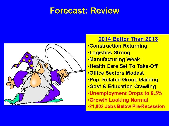 Forecast: Review 2014 Better Than 2013 • Construction Returning • Logistics Strong • Manufacturing