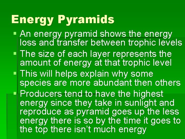 Energy Pyramids § An energy pyramid shows the energy loss and transfer between trophic